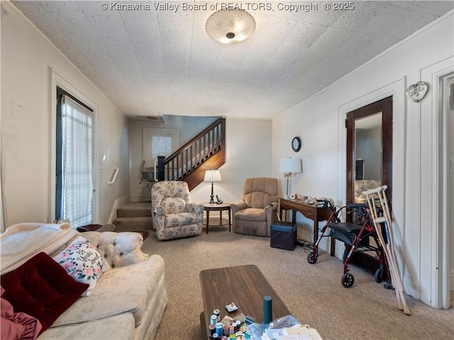 54 Hunt Ave, Charleston, WV 25302 - carpeted living room with stairway and ornamental molding