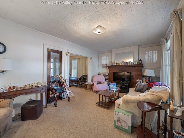54 Hunt Ave, Charleston, WV 25302 - carpeted living area with a brick fireplace and crown molding