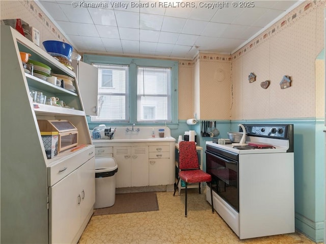 54 Hunt Ave, Charleston, WV 25302 - kitchen featuring electric stove, light floors, wallpapered walls, light countertops, and a sink