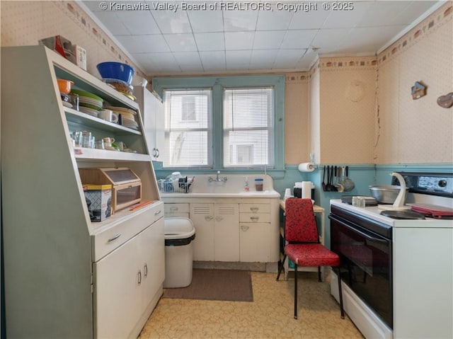 54 Hunt Ave, Charleston, WV 25302 - kitchen with light floors, wallpapered walls, light countertops, a sink, and white electric range