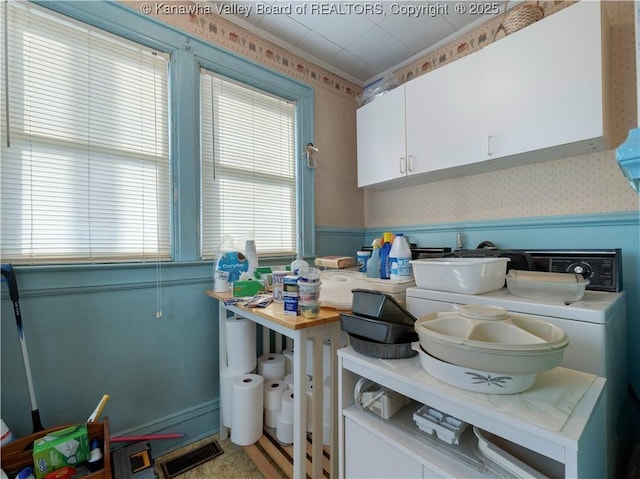 54 Hunt Ave, Charleston, WV 25302 - kitchen featuring visible vents, wallpapered walls, a wainscoted wall, and white cabinets