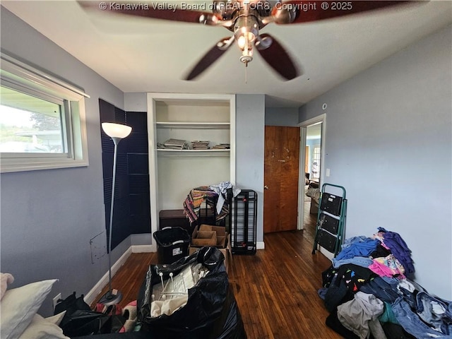 bedroom with a closet, multiple windows, a ceiling fan, and wood finished floors