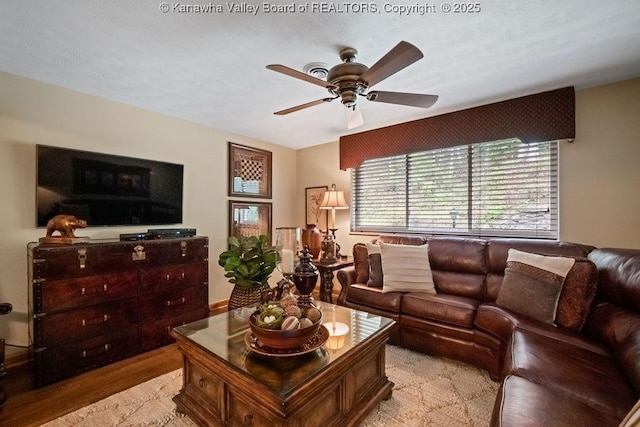 living room with a ceiling fan and light wood-style floors