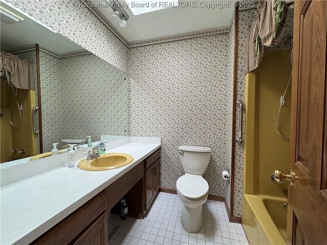 168 Jane Dr, Culloden, WV 25510 - full bathroom with wallpapered walls, toilet, bathing tub / shower combination, tile patterned floors, and vanity