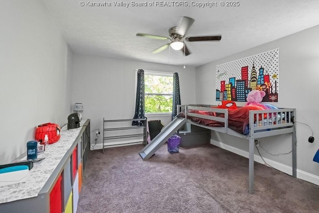 901 Evanwood Rd, Charleston, WV 25314 - carpeted bedroom featuring baseboards, ceiling fan, and a textured ceiling