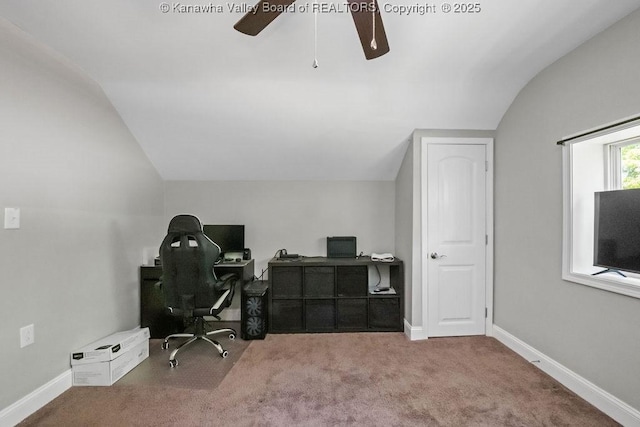 901 Evanwood Rd, Charleston, WV 25314 - carpeted office featuring lofted ceiling, a ceiling fan, and baseboards