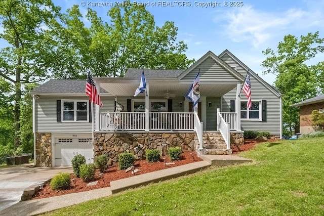 901 Evanwood Rd, Charleston, WV 25314 - view of front facade with a porch, concrete driveway, a front yard, a garage, and stone siding