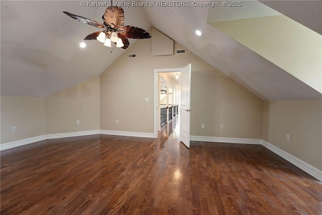 219 Deerhaven Ln, Cross Lanes, WV 25313 - bonus room with lofted ceiling, wood finished floors, ceiling fan, and visible vents