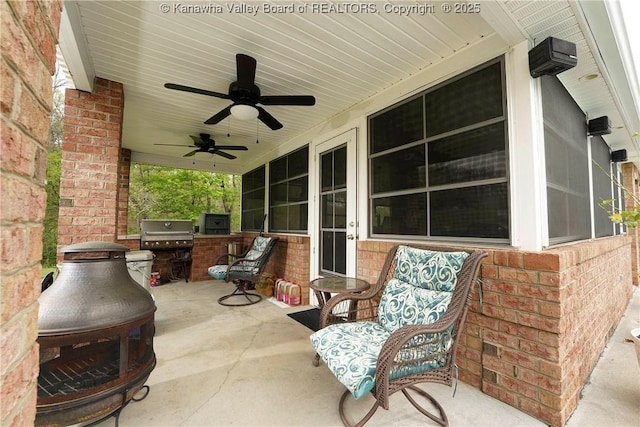 219 Deerhaven Ln, Cross Lanes, WV 25313 - view of patio / terrace featuring grilling area, ceiling fan, and an outdoor kitchen