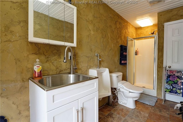 219 Deerhaven Ln, Cross Lanes, WV 25313 - full bath with toilet, a stall shower, stone finish floor, and vanity