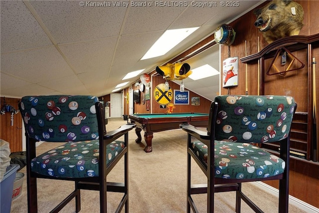 219 Deerhaven Ln, Cross Lanes, WV 25313 - rec room featuring wooden walls, billiards, carpet flooring, and vaulted ceiling