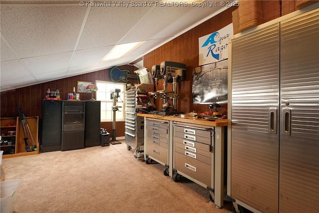 219 Deerhaven Ln, Cross Lanes, WV 25313 - interior space featuring light carpet, wood walls, and lofted ceiling