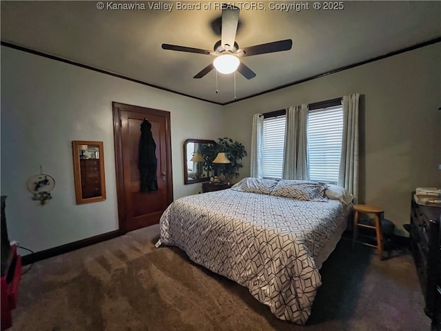 carpeted bedroom featuring baseboards and ceiling fan