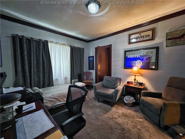 carpeted bedroom featuring crown molding and radiator heating unit
