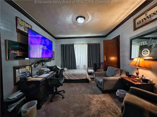 carpeted bedroom featuring crown molding