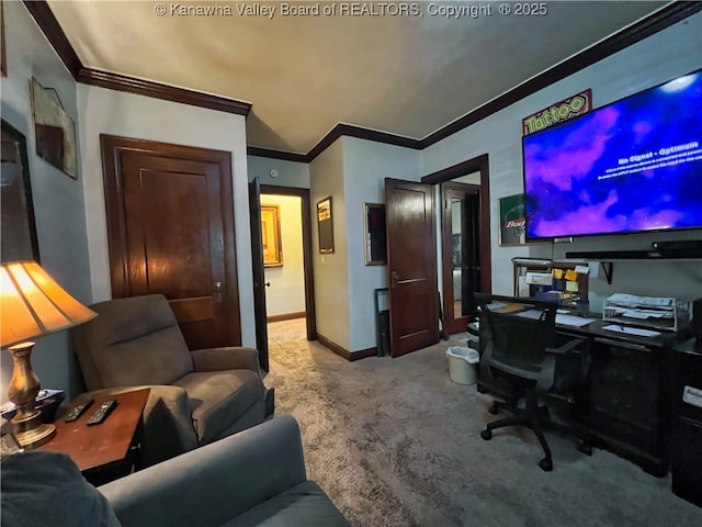 carpeted office featuring crown molding and baseboards