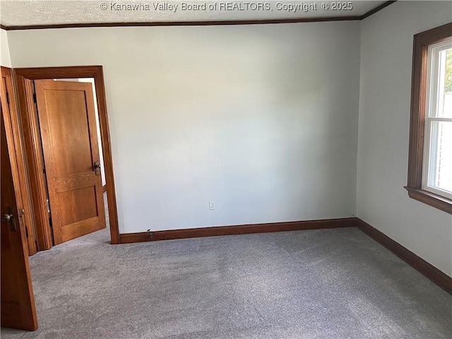 carpeted empty room with baseboards, ornamental molding, and a wealth of natural light