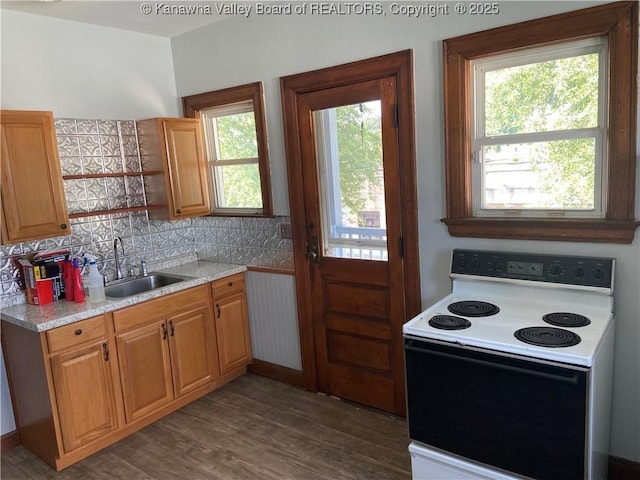 kitchen featuring decorative backsplash, electric range, dark wood-type flooring, light countertops, and a sink