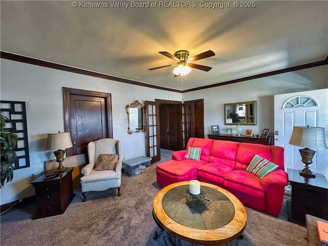 living room with ceiling fan, ornamental molding, french doors, and carpet