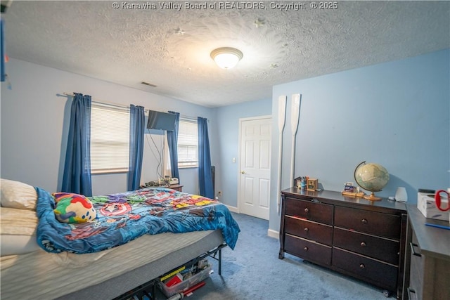 bedroom featuring carpet flooring and a textured ceiling