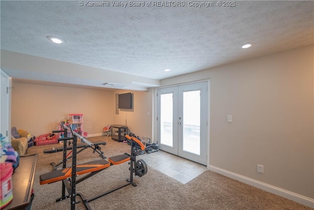 exercise room with french doors, recessed lighting, carpet, baseboards, and a textured ceiling