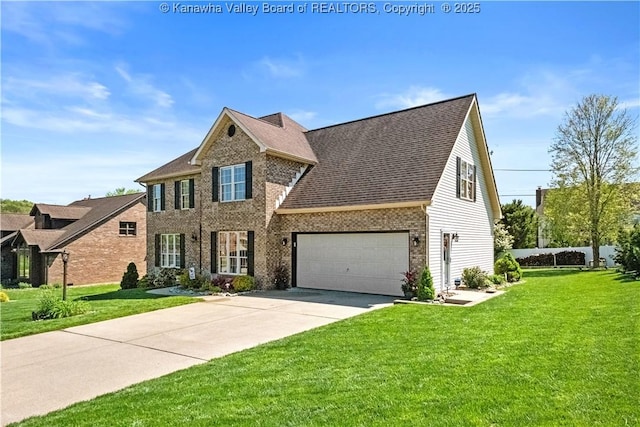 view of front of home with a garage, concrete driveway, a front lawn, and brick siding