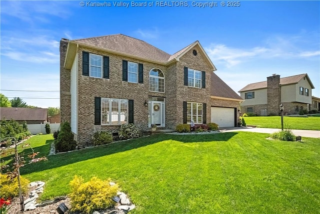 view of front of house featuring brick siding, an attached garage, a front yard, and concrete driveway