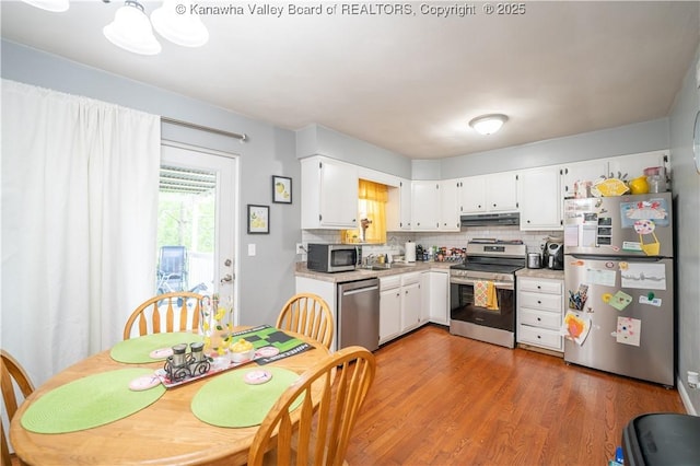 kitchen featuring white cabinets, a sink, light countertops, stainless steel appliances, and under cabinet range hood
