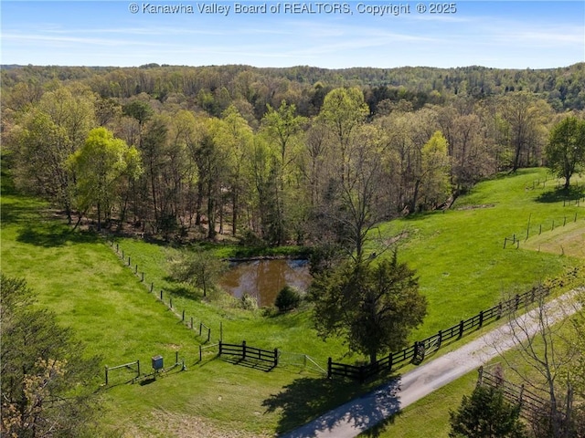 birds eye view of property with a water view, a rural view, and a wooded view