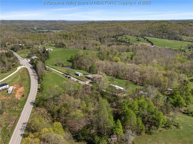 aerial view featuring a wooded view