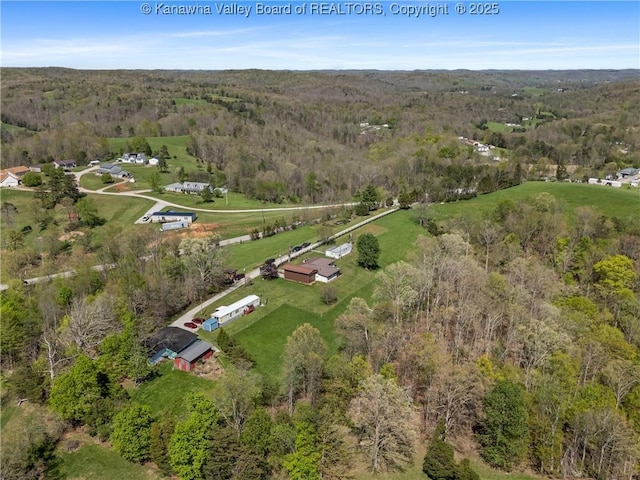 drone / aerial view with a wooded view