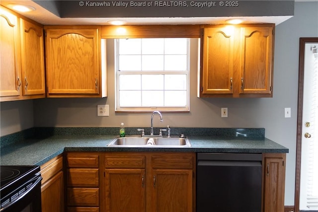 kitchen with a sink, dark countertops, brown cabinetry, and dishwasher