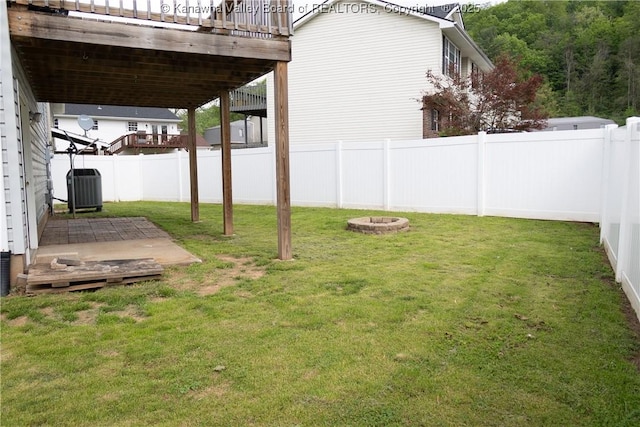 view of yard featuring central AC, a fenced backyard, and a wooden deck