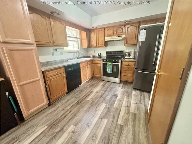 kitchen featuring light wood-type flooring, light countertops, under cabinet range hood, a sink, and stainless steel appliances