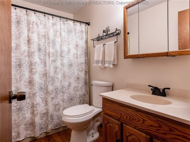 5339 Pioneer Dr, Cross Lanes, WV 25313 - full bathroom featuring vanity, wood finished floors, toilet, and a shower with curtain