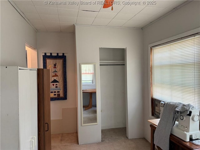 bedroom featuring light carpet