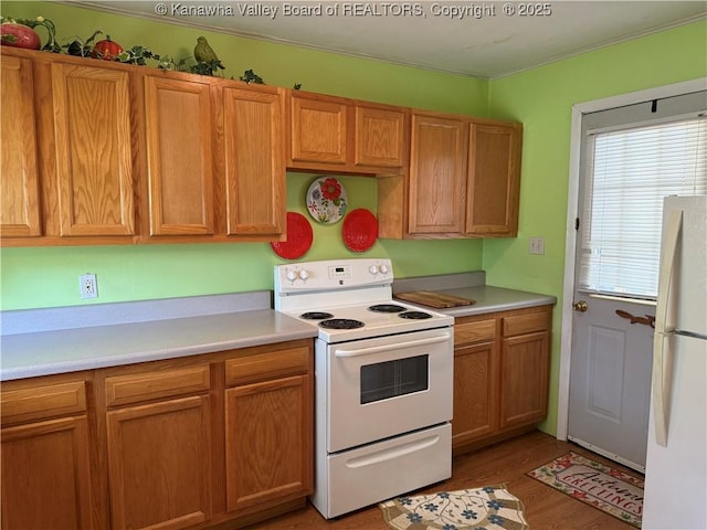 kitchen featuring light countertops, crown molding, light wood finished floors, and white appliances