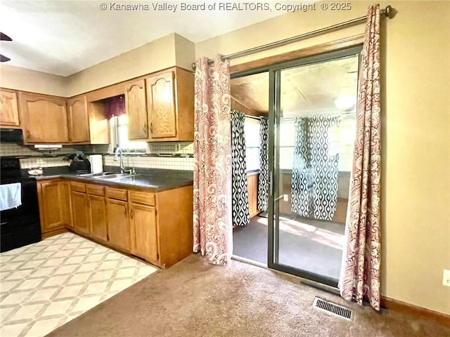 kitchen featuring light colored carpet, a sink, decorative backsplash, and visible vents