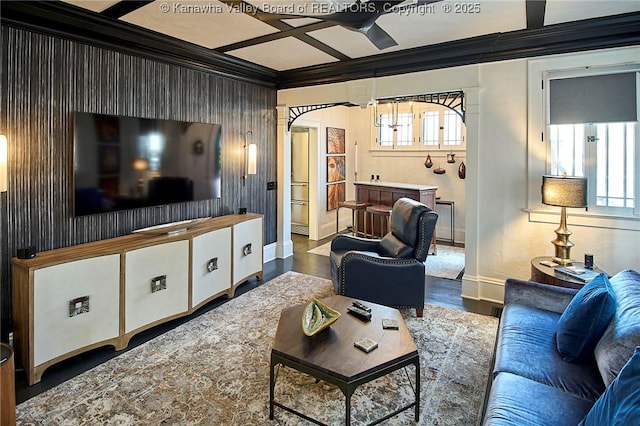 living room with baseboards, ornamental molding, a ceiling fan, and a wealth of natural light