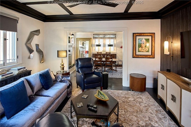 living area with crown molding, baseboards, and dark wood-type flooring