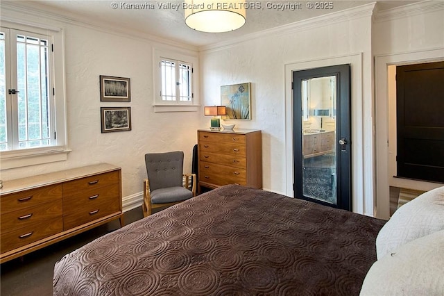 bedroom with crown molding and multiple windows