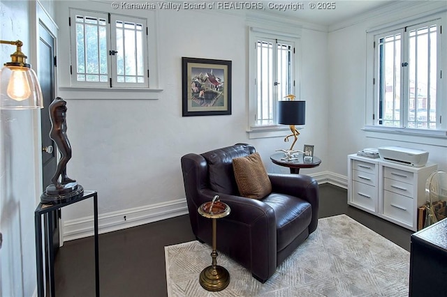 living area with plenty of natural light, ornamental molding, and baseboards
