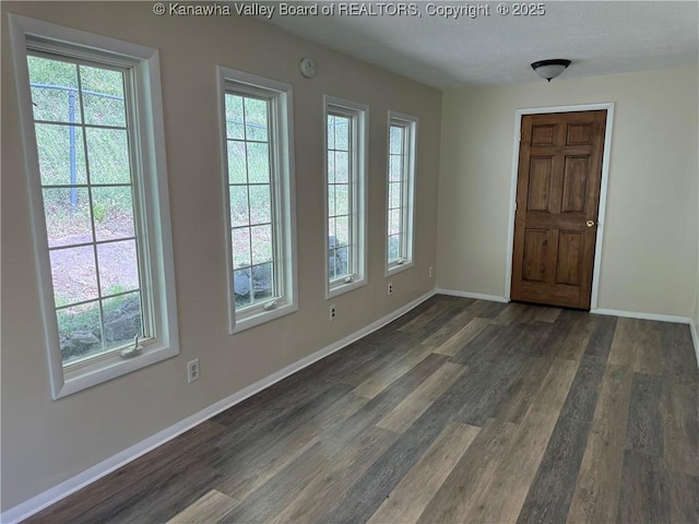 interior space featuring baseboards, plenty of natural light, and dark wood-style floors
