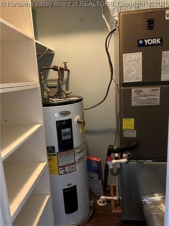 utility room with heating unit and electric water heater