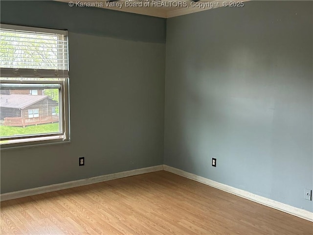 empty room featuring crown molding, light wood finished floors, and a healthy amount of sunlight