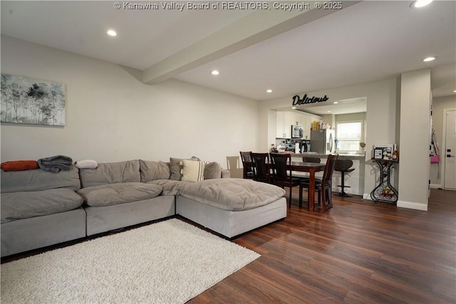 9073 Teays Valley Rd, Scott Depot, WV 25560 - living room with dark wood-type flooring, recessed lighting, baseboards, and beam ceiling