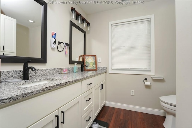 9073 Teays Valley Rd, Scott Depot, WV 25560 - bathroom with baseboards, wood finished floors, double vanity, and toilet