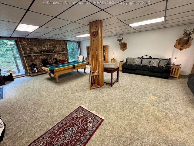 recreation room featuring carpet floors, pool table, and a healthy amount of sunlight