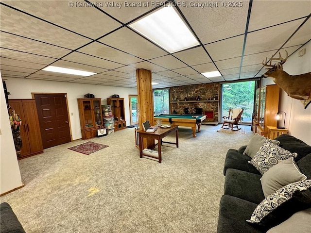 playroom with carpet floors, billiards, and a healthy amount of sunlight