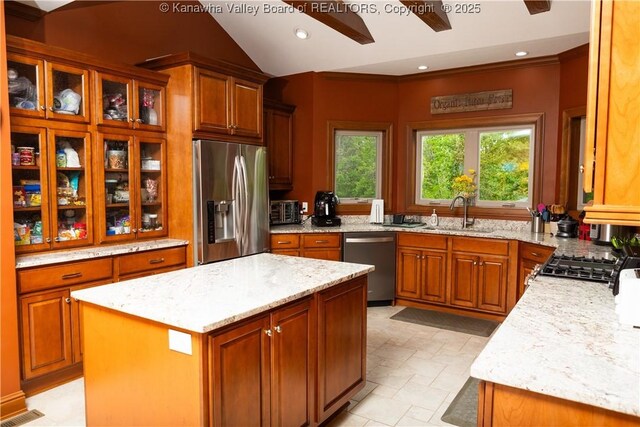 2804 Hash Ridge Rd, Barboursville, WV 25504 - kitchen featuring a sink, appliances with stainless steel finishes, light stone countertops, and glass insert cabinets